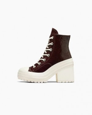 Burgundy / Black Converse Chuck 70 De Luxe Heel Crinkle Leather Women Sneakers Singapore | C-17452369