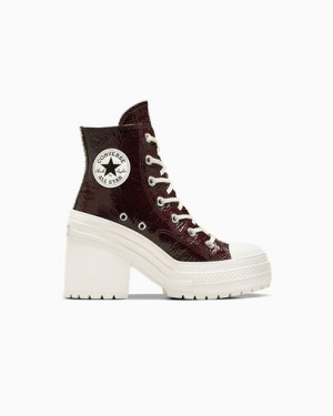Burgundy / Black Converse Chuck 70 De Luxe Heel Crinkle Leather Women Sneakers Singapore | C-27638499