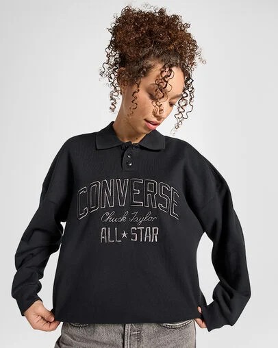 Black Converse Retro Polo Crew Women Polo Shirts Singapore | C-94817509