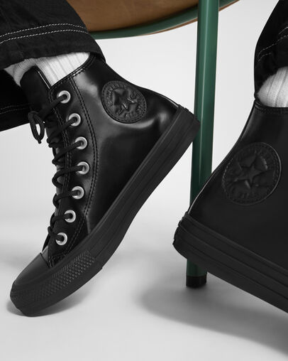 Black / Black Converse Chuck Taylor All Star Leather Women Sneakers Singapore | C-06254919