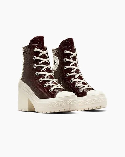Burgundy / Black Converse Chuck 70 De Luxe Heel Crinkle Leather Women Sneakers Singapore | C-17452369