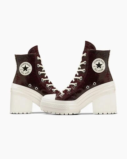 Burgundy / Black Converse Chuck 70 De Luxe Heel Crinkle Leather Women Sneakers Singapore | C-17452369