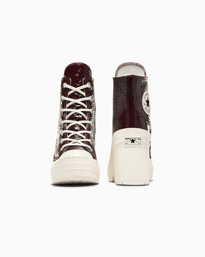 Burgundy / Black Converse Chuck 70 De Luxe Heel Crinkle Leather Women Sneakers Singapore | C-17452369