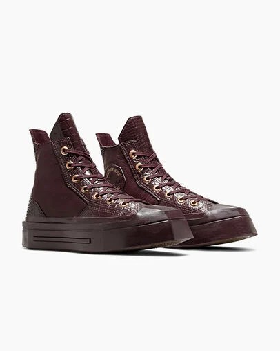 Burgundy / Gold / Black Converse Chuck 70 De Luxe Squared Leather Women Sneakers Singapore | C-53170849