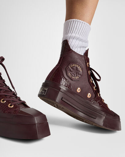 Burgundy / Gold / Black Converse Chuck 70 De Luxe Squared Leather Women Sneakers Singapore | C-53170849