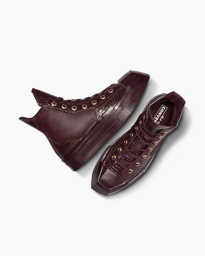 Burgundy / Gold / Black Converse Chuck 70 De Luxe Squared Leather Women Sneakers Singapore | C-86321059