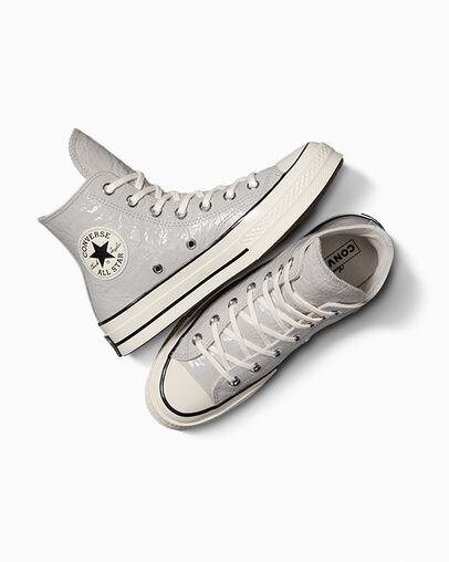 Grey / Black Converse Chuck 70 Crinkled Leather Women Sneakers Singapore | C-48137069