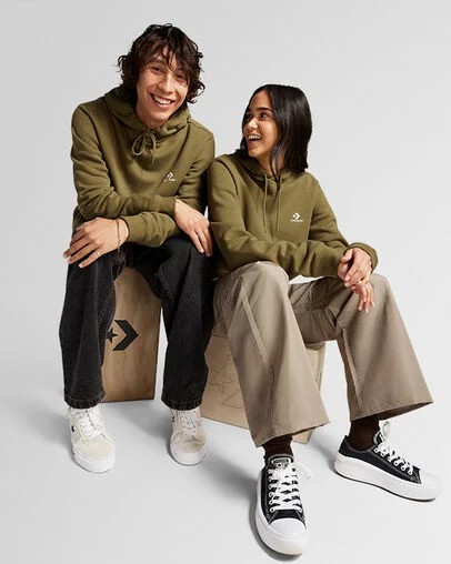 Olive Converse Go-To Embroidered Star Chevron Standard-Fit Fleece Men Hoodie Singapore | C-94152379