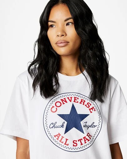 White Converse Go-To All Star Patch Standard-Fit Women T Shirts Singapore | C-35147629