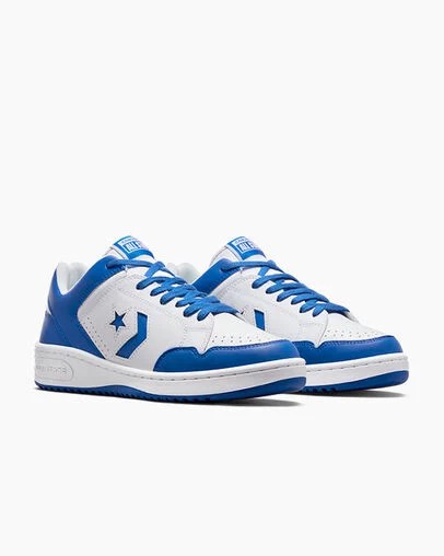 White / Blue Converse Weapon Leather Men Basketball Shoes Singapore | C-39648209