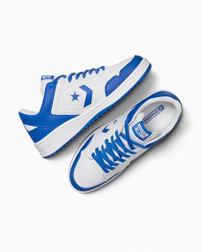 White / Blue Converse Weapon Leather Men Basketball Shoes Singapore | C-39648209